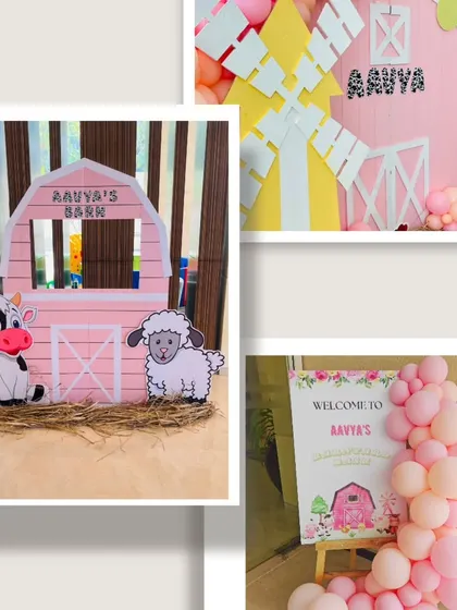 A collage showing the details of Aavya's barnyard bash. It includes a personalized pink barn photo booth, a welcome sign, and other farm-themed elements that created a cohesive and charming party.