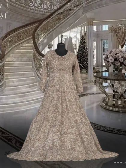 A studio shot of the off-white tail gown, a masterpiece of bridal elegance and Pakistani fashion inspiration.
