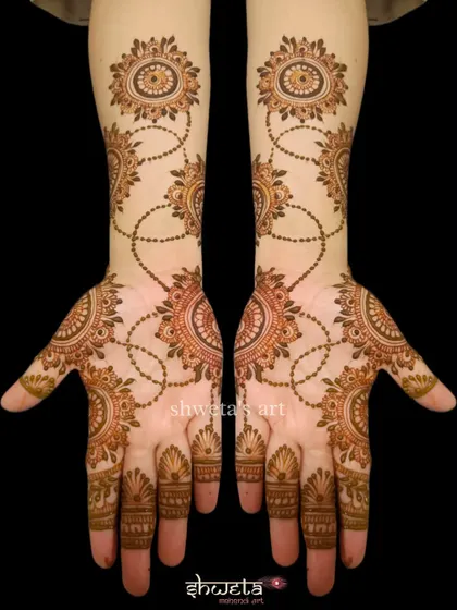 A unique and stylish design featuring mandalas connected by beaded chains. This jewelry-style mehendi is a modern and chic option for parties and festive events.