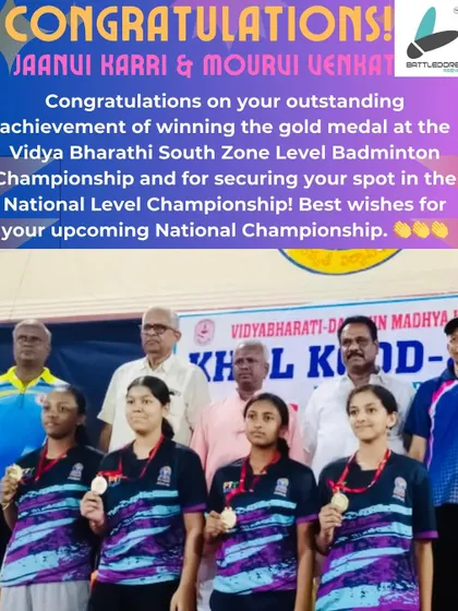 A massive achievement for Jaanvi and Mourui, winning the gold medal at the Vidya Bharathi South Zone Level Badminton Championship. This victory secures their spot in the National Level Championship.
