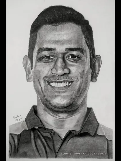 A realistic pencil portrait of a smiling MS Dhoni from my earlier work. This sketch focuses on capturing the precise details of his features, a testament to my dedication to realism.