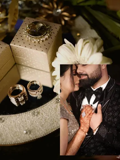 A creative collage combining a close up of the engagement rings with an intimate portrait of the couple, telling a complete story in one image.