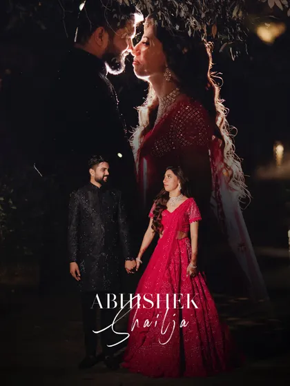 Another beautiful double exposure, blending an intimate kiss with a full-length portrait. The dramatic night lighting makes the bride's red lehenga pop, creating a passionate and artistic image.
