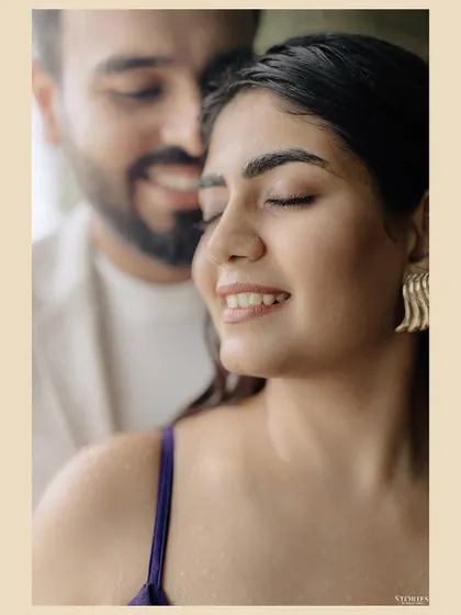 An intimate close-up portrait capturing a moment of serene connection between the couple during their Thailand pre-wedding shoot.