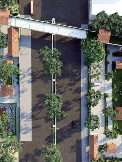 This aerial render shows how our design uses strong geometric proportions inspired by native Tamil Nadu temple architecture. The material palette combines traditional granite with modern metal structures.