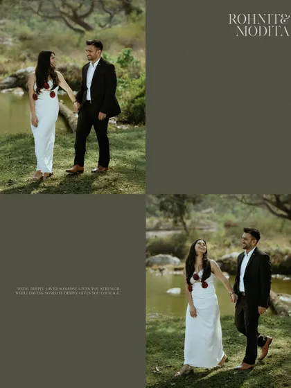 A collage from a pre-wedding shoot in a serene natural setting, with the couple sharing a walk by a lake, dressed in elegant formal wear.