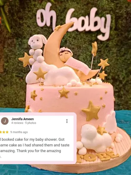 Another view of this celestial-themed baby shower cake. We pride ourselves on bringing our customers' dream cake ideas to life.