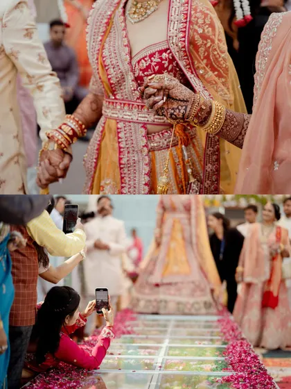 A collage showing the bride's grand entrance on a glass aisle covered in flower petals. It highlights the unique and beautiful details of the wedding decor and ceremony.
