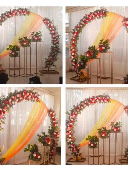 A collage showing different angles of our popular floral ring backdrop. This demonstrates how the setup looks from various perspectives, highlighting the floral work and drapery.