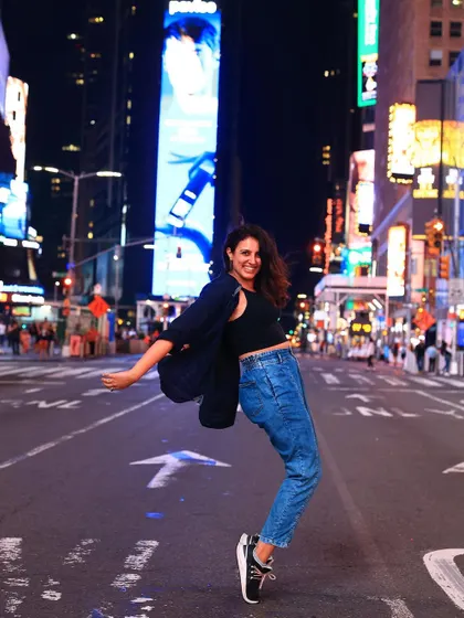 A classic New York City moment. Posing in the middle of a Times Square street, capturing the feeling of being in the heart of the city.