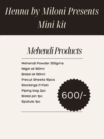 For students who want to practice at home, I offer this mini mehendi kit. It includes all the essentials you need to get started, from my own 5-filtered henna powder and oils to pre-cut sheets and piping bags.