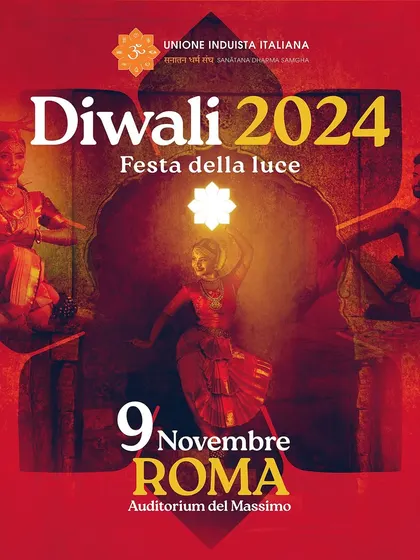 The poster for our performance at the Diwali 2024 celebrations in Rome. We are honored to be a part of the 'Festa della luce' (Festival of Light).