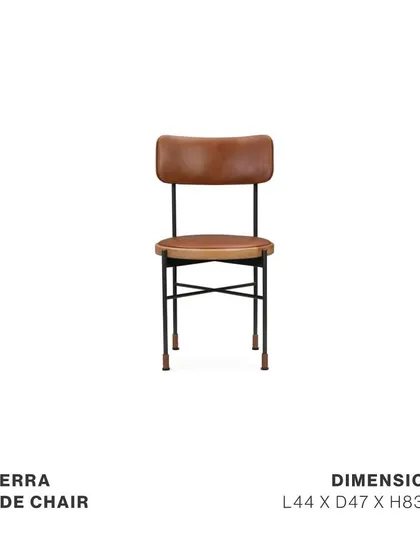 The Tierra Side Chair, a perfect blend of materials. The steel frame, solid oak backrest, and genuine saddle nut leather seat create a look that is both rustic and modern, embodying the spirit of desert chic.