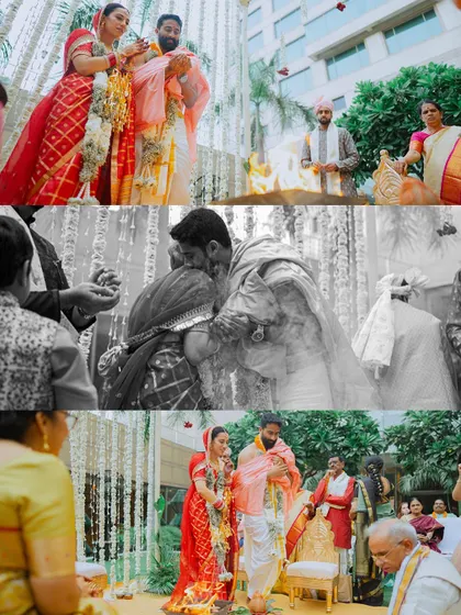 A collage of key moments from a South Indian wedding, including the pheras and a tender embrace, shown in both color and black and white.