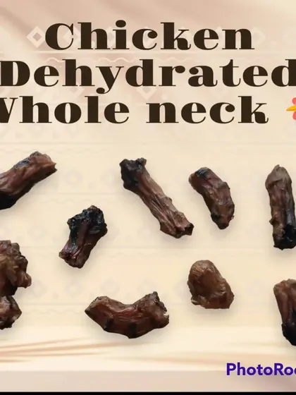 A close-up of my dehydrated chicken whole neck treats. These are a great dental chew that helps clean your dog's teeth as they gnaw.