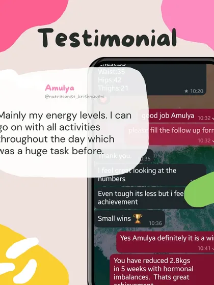 A client, Amulya, celebrating her 2.8 kg weight loss in 5 weeks despite hormonal imbalances. This highlights that even small, consistent wins are significant achievements on the path to wellness.