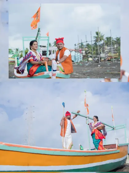 A collage capturing various moments from the Koli-themed shoot, showing the couple interacting with the boat and their surroundings.
