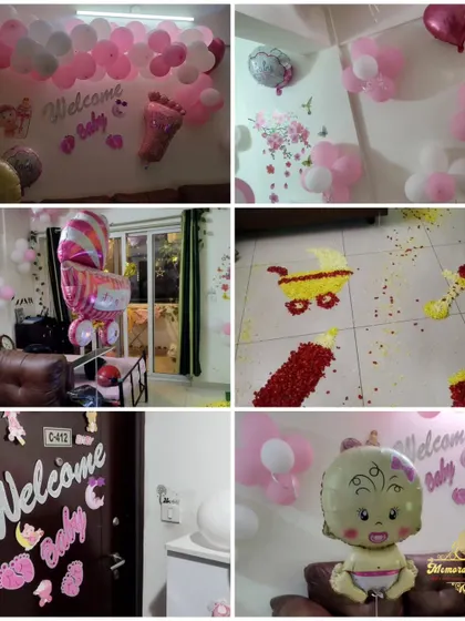 A collage showing various elements of a 'Welcome Baby' home decoration, including door decor, wall stickers, and floral floor art (rangoli).