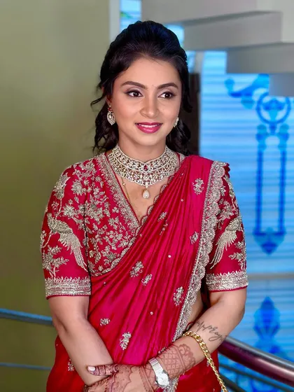 A beautiful smiling portrait, capturing her joy and the elegance of the look.