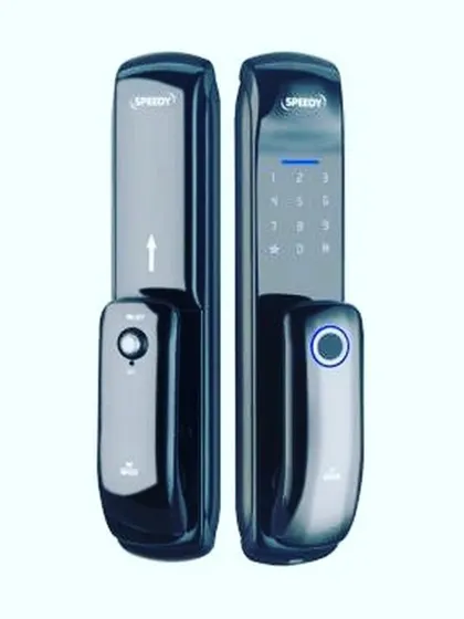 A front and back view of the UNIQ push/pull smart lock. This design eliminates the need to turn a handle, offering a more convenient way to open your door.