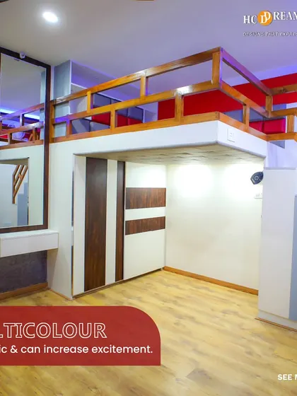This energetic kid's room uses a multi-color theme with bold stripes of yellow, grey, and red. The loft design maximizes floor space for play, while the integrated wardrobe provides ample storage.