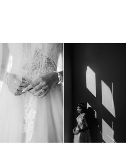 A diptych of black and white bridal details, focusing on the bride's hands and a dramatic portrait using window light and shadows.