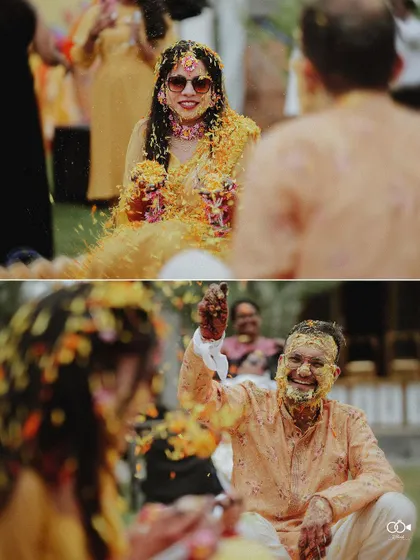 A duplicate of the fun diptych showing the bride and groom's playful Haldi moments.