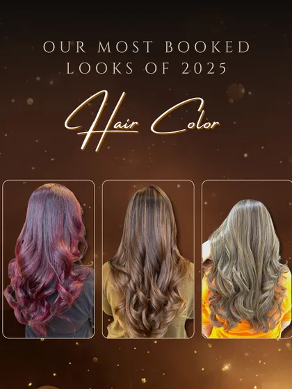 A collage of our most-booked hair colour looks of the year. It features a vibrant red, a classic brunette balayage, and a trendy ash blonde.