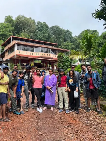 Our group posing in front of the homestay before starting the Kodachadri trek.