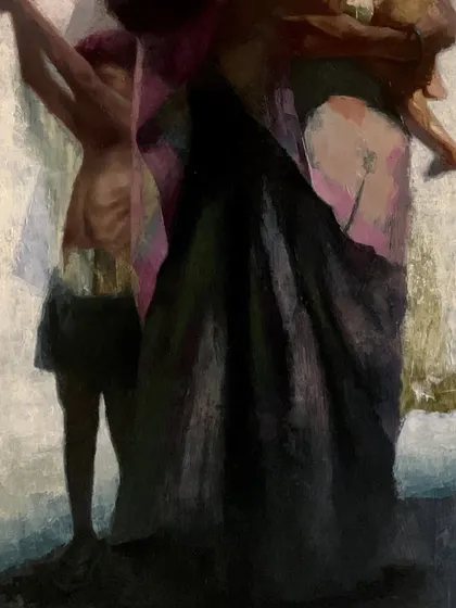 A detail of the lower half of "Love & Hunger," focusing on the figures and drapery.