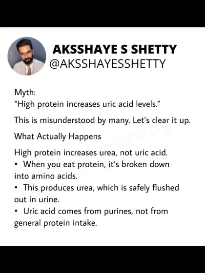Myth: "High protein increases uric acid." What actually happens is that protein breakdown produces urea, which is flushed out in urine. Uric acid comes from the breakdown of purines, a different substance.