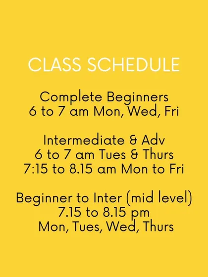 My class schedule. I have batches for all levels, from complete beginners to advanced practitioners.