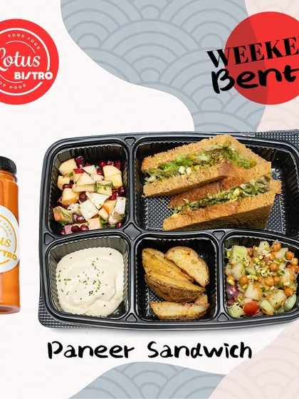 Our Paneer Sandwich Bento is a great vegetarian alternative to our curry boxes. It features a sandwich with a savory paneer filling, paired with potato wedges, a fresh salad, and hummus.