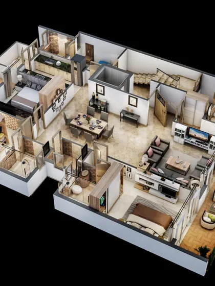 A large, expansive 3D floor plan for a penthouse or combined unit. This visualization effectively communicates the scale and luxury of a premium property, showing multiple living areas and bedrooms.