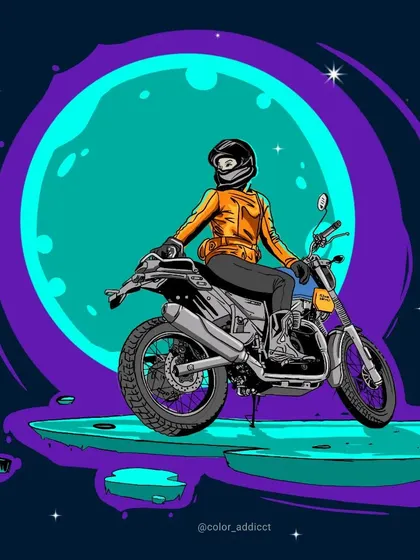 'Over the Moon', a digital illustration created for the Art of Motorcycling contest. This piece depicts a female rider in a surreal, cosmic setting, blending adventure with imagination.