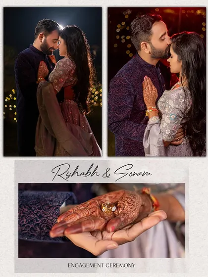 This collage tells the story of Rishabh and Sonam's engagement, from their romantic portraits to the detail of the ring.