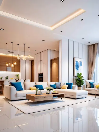 A bright, contemporary living space with a neutral sofa and vibrant blue and yellow accent pillows. The clean lines and light wood tones create a fresh and inviting atmosphere.