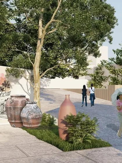 Walkways are designed with artistic and cultural touchpoints, such as murals and installations of traditional pottery, creating an engaging journey through the park.