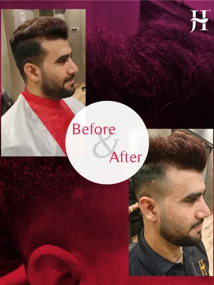 My academy teaches men's grooming too. This before and after shows a sharp, modern haircut and style, a key skill for any professional hairstylist.