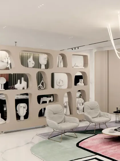 A key feature in my design for the Gulecha Residence is this sculptural, movable partition. It acts as both a functional room divider and a piece of art, with organic niches for displaying pottery and sculptures, adding a layer of sophistication to the living area.