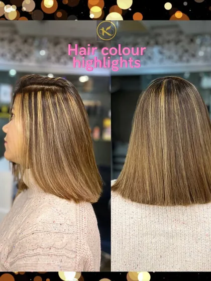 A before and after collage of the highlighted bob, framed with a fun, sparkly border. It clearly shows the transformation to a brighter, more stylish look.