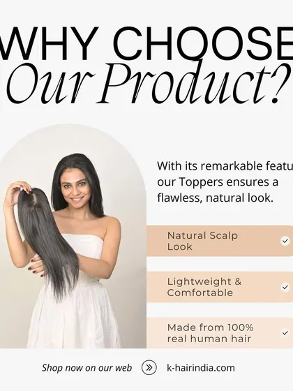 Why choose our toppers? This graphic highlights the key features: a natural scalp look, lightweight and comfortable design, and construction from 100% real human hair.