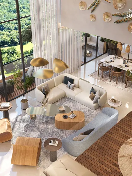 From the mezzanine, the view down to the living area reveals the thoughtful layout and the home's connection to the outdoors. This perspective shows how we design for both grand entertaining and quiet family life.