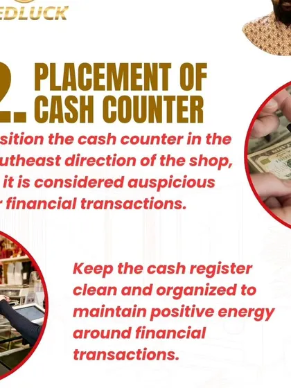 The cash counter should be in the Southeast of the shop, the zone of fire and cash flow, to encourage financial transactions.