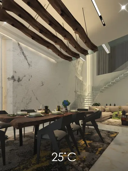 This dining area concept is defined by its rustic-modern aesthetic. We designed a custom ceiling feature with suspended wooden beams over a large dining table, set against a backdrop of white marble walls and a view of the double-height living space.