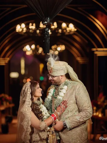 A beautiful bride and groom, with the bride's hair styled in soft, elegant waves.