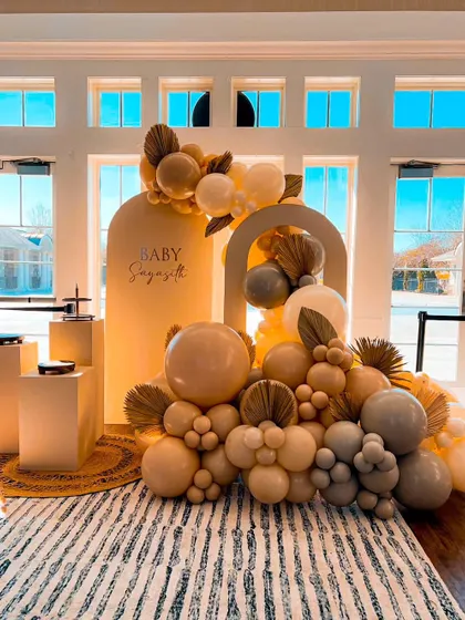 Another view of the Chiara wooden backdrop setup. This style is very versatile and can be used for birthdays or baby showers, customized with any name.