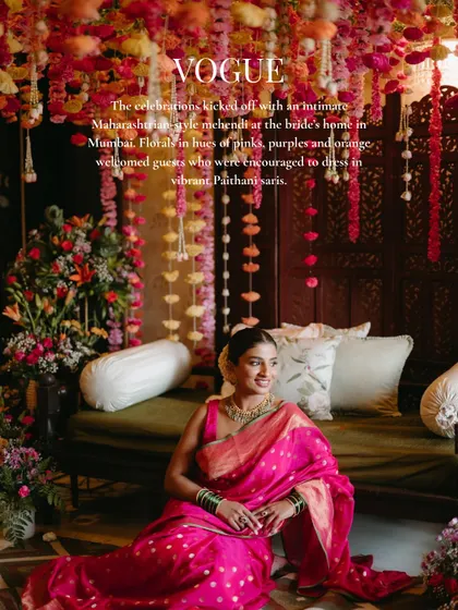 A vibrant photo from the Vogue spread, showing the bride at her intimate Maharashtrian-style mehendi. The feature highlighted the traditional yet fresh approach to the decor.
