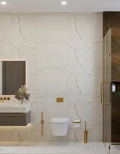 A luxurious bathroom visualization featuring a floating vanity and a large, walk-in rain shower. The walls are clad in large-format marble-look tiles, and gold-finish fixtures add a touch of elegance.