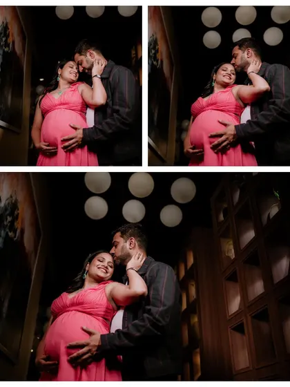 This collage highlights the romantic and playful moments of a maternity shoot. It combines close-up shots of the couple's happy faces with a wider shot showing their loving embrace, telling a beautiful story of their connection.
